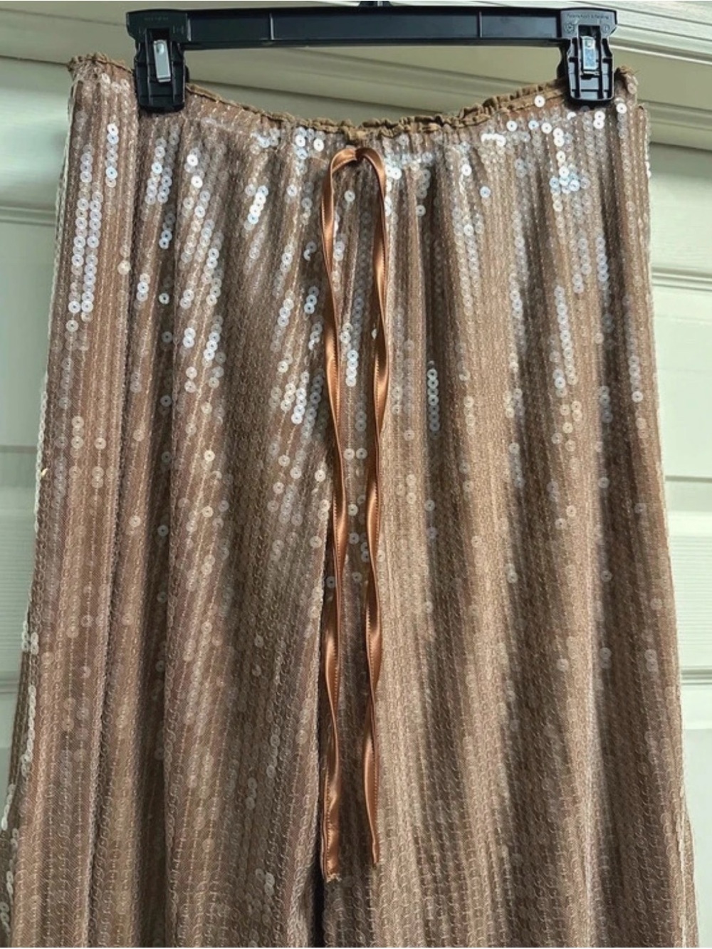 Wide-Leg Drawstring Sequin Pants in Rose Gold Size L-XL